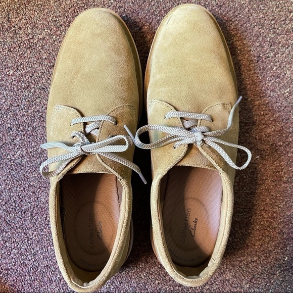 Quality Clarks sand colored suede shoes for ultimate comfort and timeless style. - Picture 1 of 5